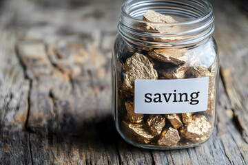 Saving and investing in safe assets. Gold in jar with word "saving".