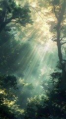 Fototapeta premium Sunbeams pierce through the dense canopy of a lush green forest, illuminating the misty air and casting shadows on the woodland floor.