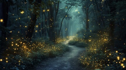 Obraz premium A mystical forest scene captured at dusk, featuring a winding path illuminated by the soft, ethereal glow of countless fireflies. The tranquil atmosphere creates a magical ambiance, inviting viewers