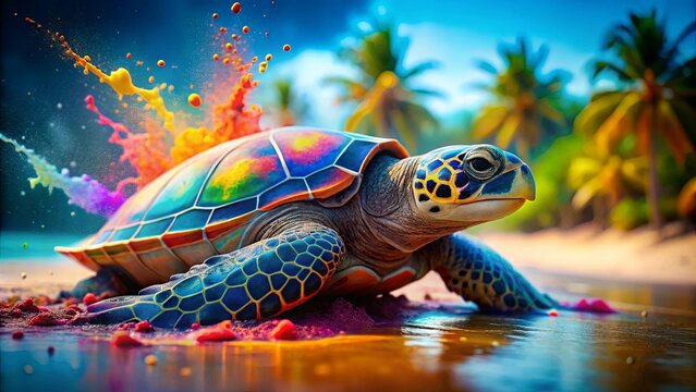 Vibrant turtle with paint splatter on its shell in a tropical setting