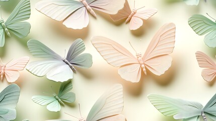 Pastel butterflies in soft hues of mint green, blush pink, and light lavender, scattered gracefully across a light cream background,
