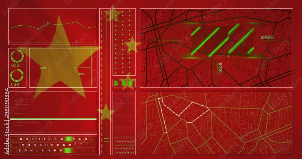 Poster Data analysis and mapping animation over red background with Chinese flag elements
