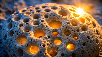 Circular clusters of tiny holes dot the surface of a worn stone, emitting soft, warm light as if emanating from within