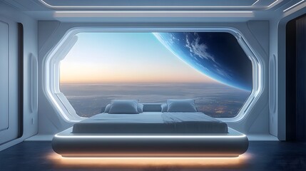 Fototapeta premium Futuristic Spaceship Bedroom with Stunning Cosmic View Through Panoramic Window