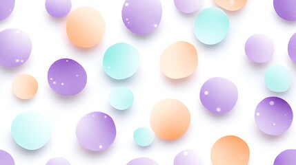 Pastel polka dots in shades of light purple, soft teal, and peach, scattered randomly across a white backdrop,