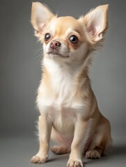A cute chihuahua sitting gracefully, showcasing its playful personality and charming features against a neutral background.
