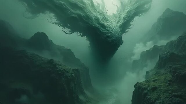 Amorphous entity exudes miasma in primordial canyon. Nebulous forms morph through temporal distortions. Eerie green light bathes rugged landscape.	
