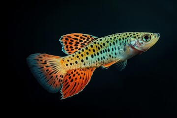 Fototapeta premium the beside view Leopard Guppy Fish, left side view, white copy space on right, Isolated on dark Background