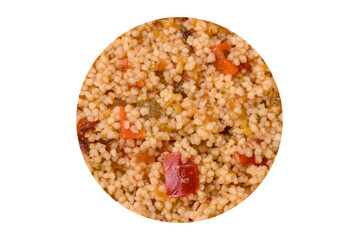 Delicious hot boiled wheat porridge couscous with vegetables