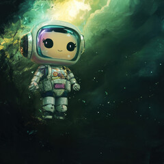 Cute astronaut character floating in space with colorful background.