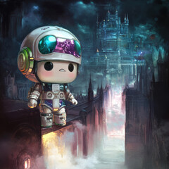 Fototapeta premium A cute astronaut character stands on ledge, gazing at mystical castle in dark, ethereal landscape. scene evokes sense of wonder and adventure.