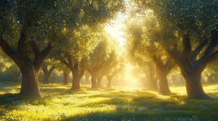 Organic olive grove, sunlight streaming through olive trees, 3D illustration