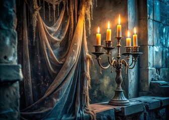 "A worn velvet curtain shrouds a decrepit candelabra, its drippy wax melting like tears on a forgotten crypt's stone walls amidst eerie morning mist."
