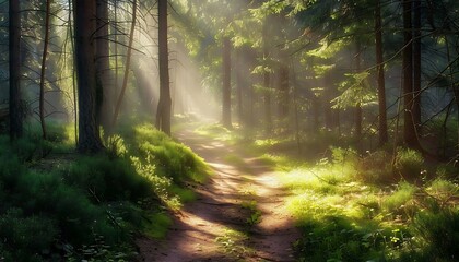 Morning in the autumn forest with sunbeams