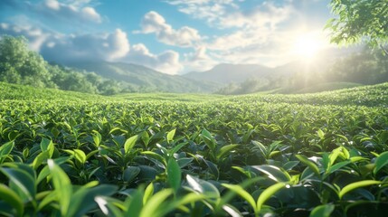 Organic tea plantation, lush green fields of tea leaves, 3D illustration