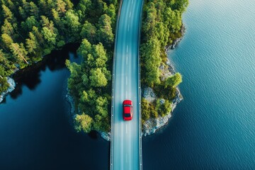 Aerial view of bridge road with red car over blue water lake or sea with island and green woods in summer Finland, ai