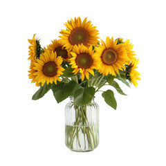 Obraz premium Bright bouquet of sunflowers in a glass jar on a white background