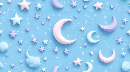 A celestial seamless pattern with pastel stars and crescent moons in soft hues of lavender, baby blue, and light pink, scattered across a pale sky-blue background,