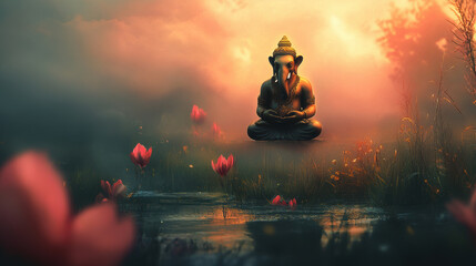A serene scene featuring statue of deity surrounded by blooming lotus flowers, reflecting tranquility and peace in misty landscape.