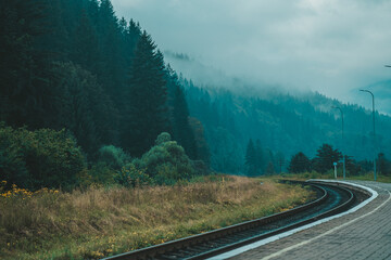 A misty morning along the scenic train tracks winding through lush green forests in the early hours of a tranquil day