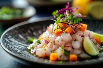 A modern Mexican ceviche plated with an artistic geometric presentation, showcasing innovative food styling