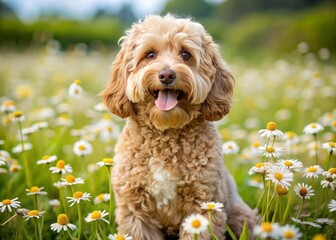 A curly-coated cockapoodle with warm, brown eyes gazes happily amidst a sun-kissed field of daisies, its playful demeanor evident in every wag.