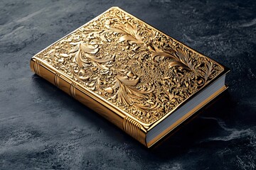 Fototapeta premium A beautifully embossed golden book resting on a dark surface, showcasing intricate details and a timeless elegance.