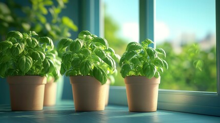 Fototapeta premium Organic basil plants, growing in pots on a windowsill, 3D illustration