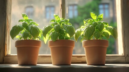 Fototapeta premium Organic basil plants, growing in pots on a windowsill, 3D illustration