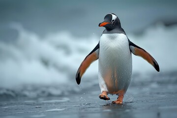 Fototapeta premium Penguin Walking on Two Legs Near the Ocean with Orange Feet and Black Face, Vibrant Colors