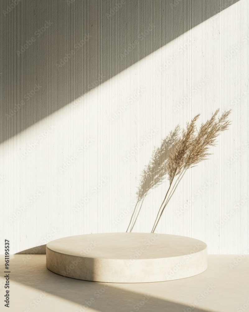 Poster minimalist beige round podium on light wood background with soft shadows - modern monochromatic mock