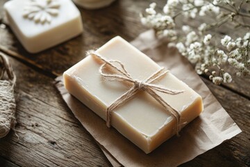 A wrapped bar of soap tied with twine, surrounded by delicate flowers on a wooden surface.