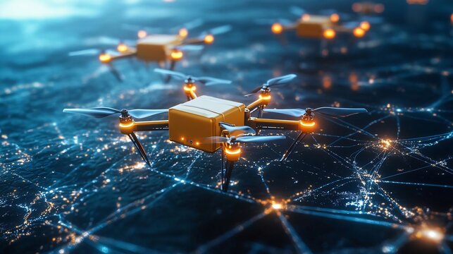 Futuristic delivery drones with cargo flying over a connected digital network, illustrating advancements in technology and logistics.