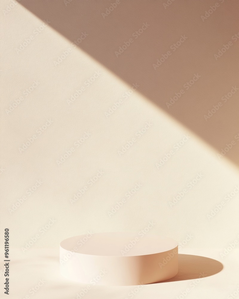Poster minimalist beige round podium on light cream background with natural shadows - monochromatic and cle