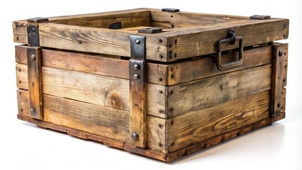 Worn wooden crate with 12 inches length, 4 inches width, 6 inches height, aged lid, rusty hinges, and a worn-out wooden label on the side.