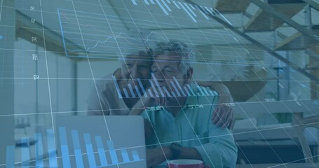 Financial data charts animation over elderly couple using laptop - Powered by Adobe