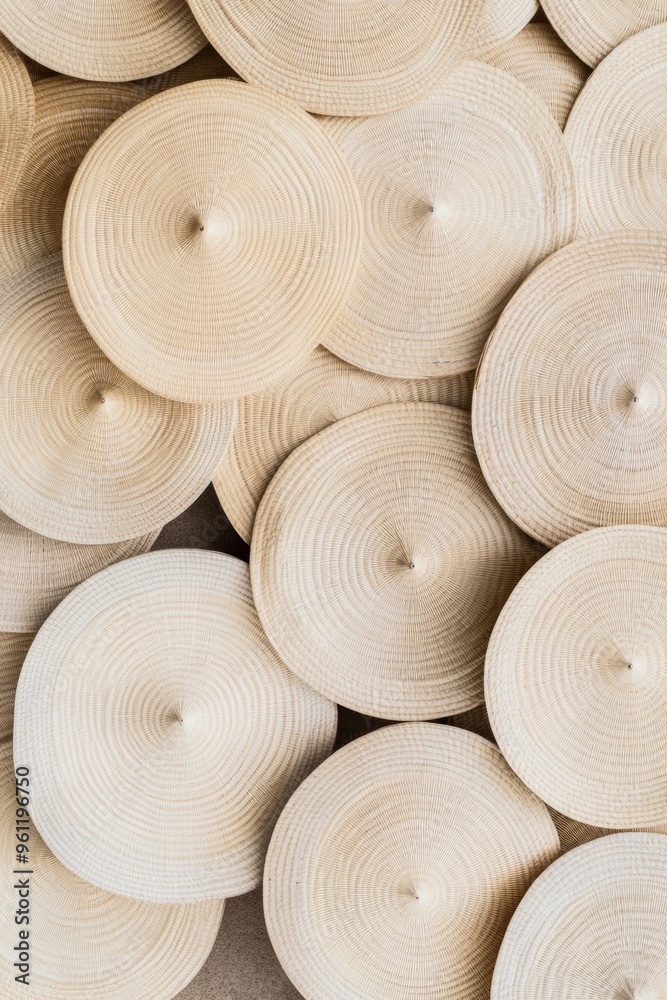 Poster aerial view of beige sun hats creating symmetrical geometric pattern on textured stone background