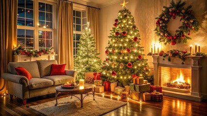 Festooned Christmas Tree In A Cozy Living Room With Warm, Twinkling Lights, Surrounded By Presents And Holiday Decorations.