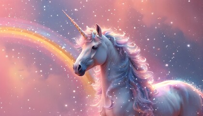 Whimsical pastel rainbow unicorns amidst a sparkling starry landscape under a dreamy pink fantasy sky with charming holographic and iridescent gradients