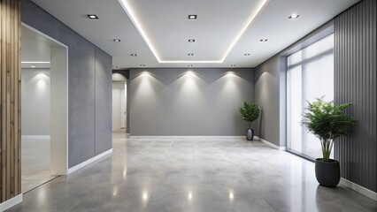 Fototapeta premium Modern monochrome hall with light grey mock-up wall