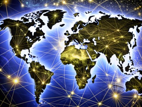 Global business network illustrated with a world map, globe, and digital code elements