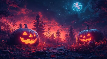 Naklejka premium Two Jack-O'-Lanterns Glowing in a Spooky Forest Underneath a Full Moon