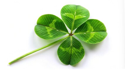 Fresh green four-leaf clover close-up on a white background, symbolizing St Patrick's Day and herbal medicine
