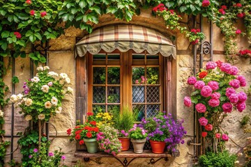 Obraz premium A vintage-style window with ornate awning, adorned with intricate moldings, showcases a serene garden scene with blooming flowers and a rustic trellis.