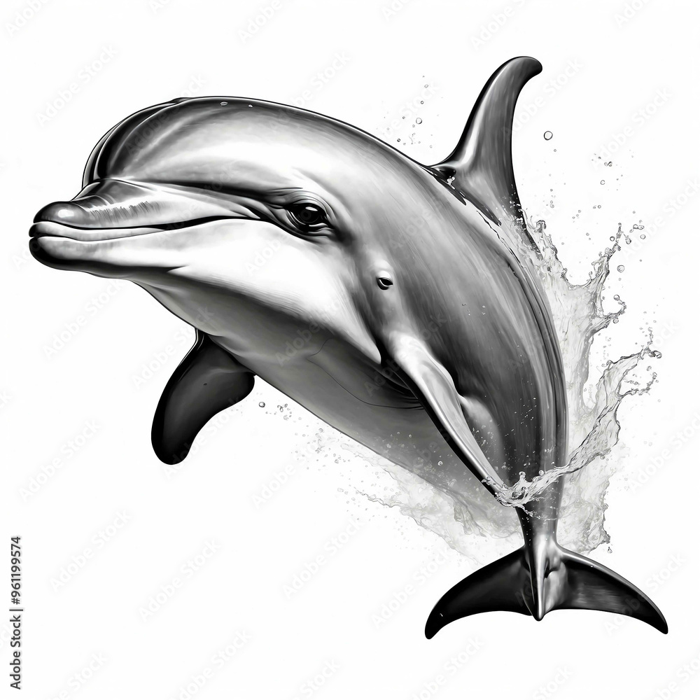 Wall mural dolphin head black and white sketch on plain white background