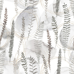 Abstract herbal seamless pattern with  golden, geometrical shapes. Watercolor greenery print on white background.