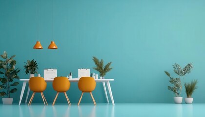 Modern workspace with orange chairs, a teal wall, and greenery, creating a vibrant and inspiring atmosphere for productivity.