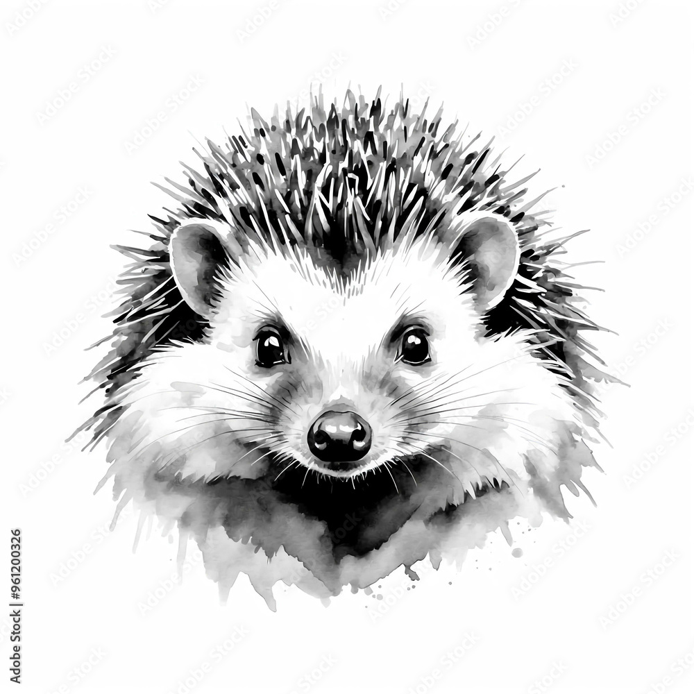 Poster hedgehog head black and white sketch on plain white background