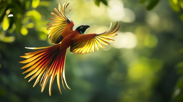 A tropical bird in mid flight with its colorful feathers captured in sharp detail against a lush, natural background, emphasizing movement and grace