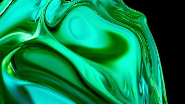 Realistic 3D animation of the abstract morphing liquid iridescent emerald green form with a dynamic movement rendered in UHD